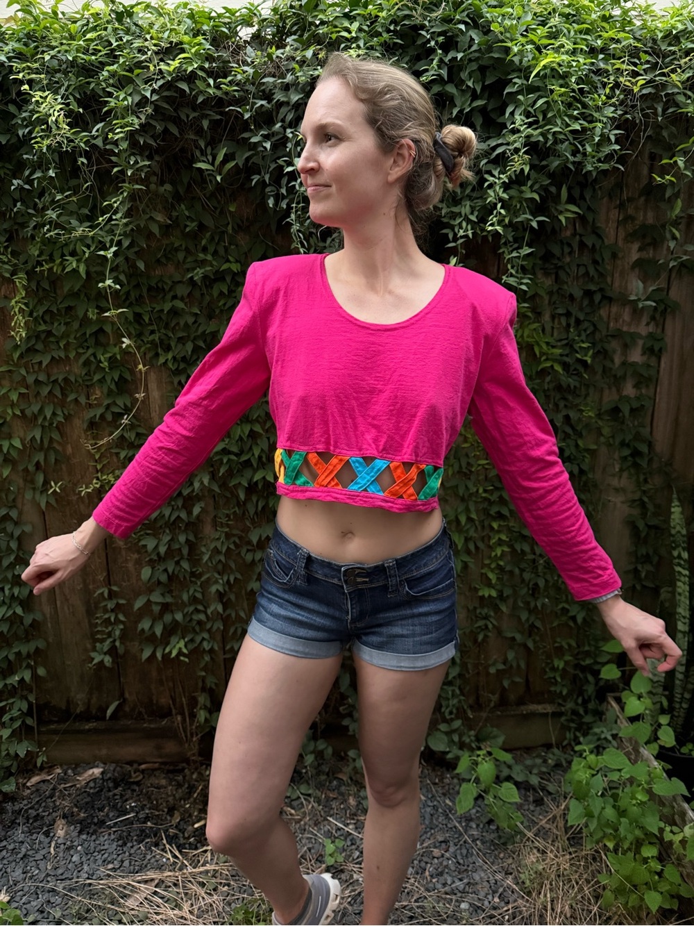 Bright Pink Cropped Long-Sleeve Top with Multicolor Trim